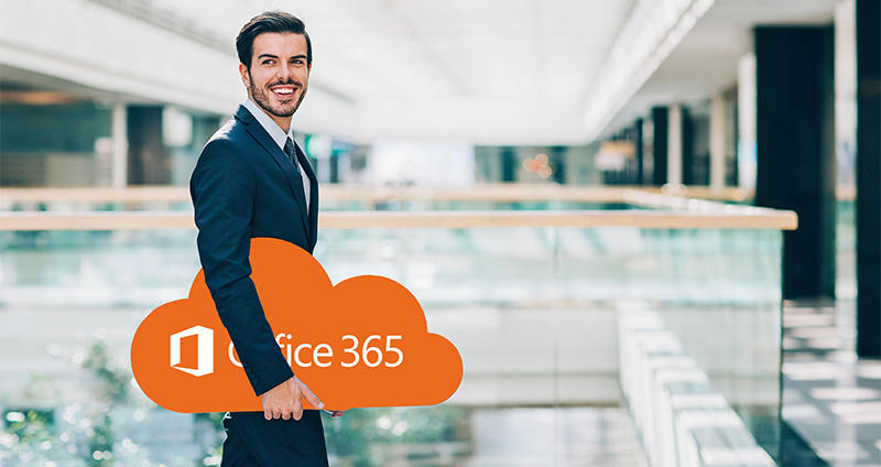 Cheerhul businessman holding a big blue cloud walking in a modern office building, with copy space